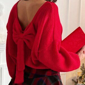 B346 Fiery Red Festive Bow Backless Bubble Sleeve Sweater